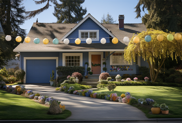 A charming home's facade adorned with windows featuring colorful Easter egg suncatchers and a porch lined with pots of blooming tulips and hyacinths