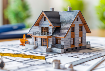 A miniature house model sits on a blueprint with a measuring tape and a pencil